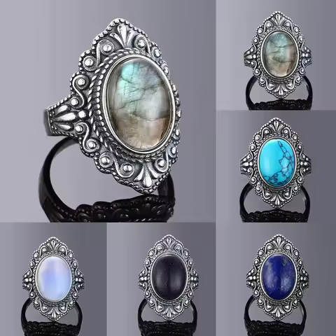 Retro Silver Plating Ring Oval Natural Labradorite Rings for Women Finger Ring Gemstone Rings Party Gift Jewelry