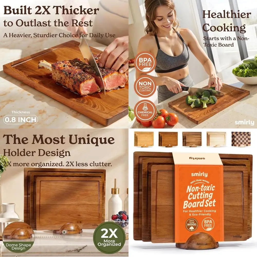 

Набор двусторонних разделочных досок из тикового дерева с глубоким желобом для сока и ручками для удобного хвата, включает 3-компонентный поднос для мяса и закусок