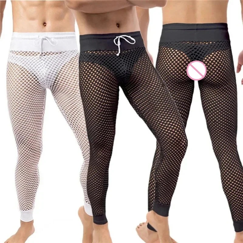 

Mens Pajamas Mesh See Through Long Pants Sleepwear Hollow Out Fishnet Trousers Nightgown Sleep Bottoms Sexy Leggings Underwear