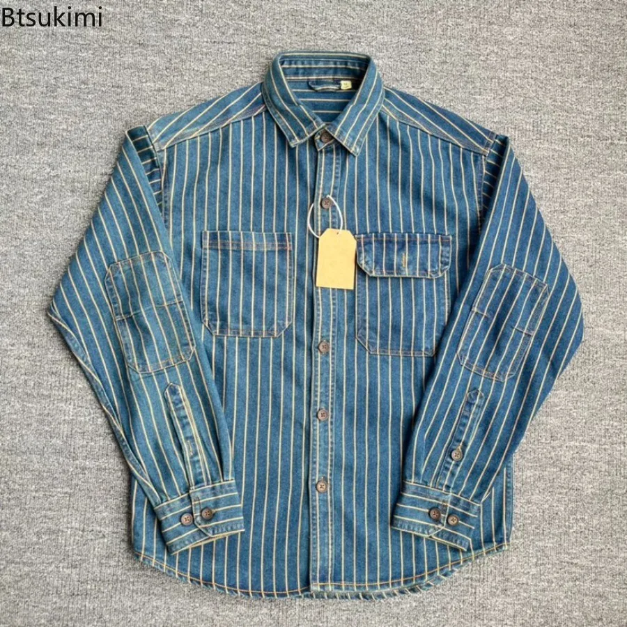 New American Retro Cargo Striped Shirts Men's Fashion 100% Cotton Washed Old Casual Blouses Thin Jacket Heavyweight Loose Shirts