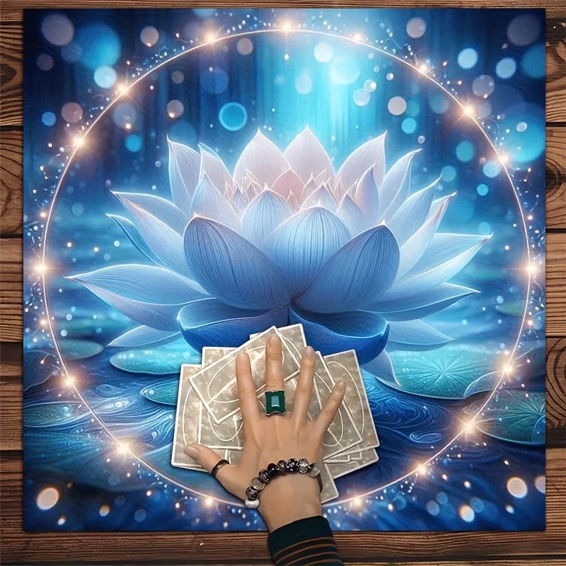 1 Piece of Dreamy Lotus Mystical Tarot Tablecloth - Blue and Gold Spiritual Altar Cloth, High-Grade Polyester Square Table Cover, Suitable for Tarot Divination, Astrology, Meditation - Machine Washable Gift, for Readers and Enthusiasts, Aesthetically Pleasing Smooth Texture