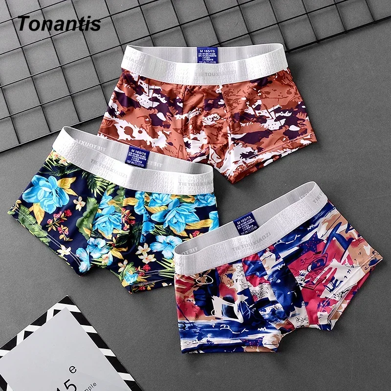 3Pcs/Set Trendy Printing Boxers & Briefs For Men Nylon Ice Silk Ultra-thin Boxer Shorts Korean Breathable Mesh Boxershorts XXXL