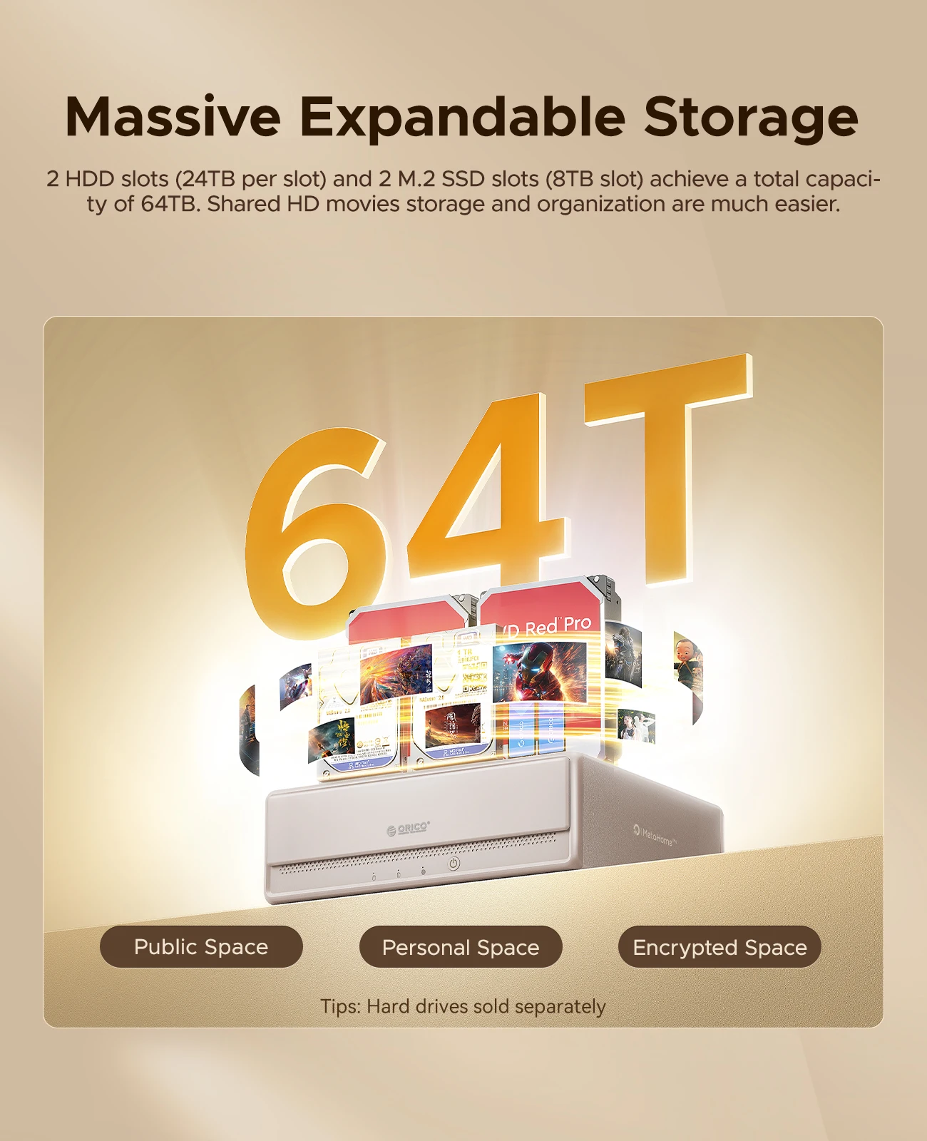 ORICO Home Media Data Center 3.5" Dual-bay Type-C NAS Real-time Transcoding Global Remote Access for Samba DLNA,iOS MacOS System