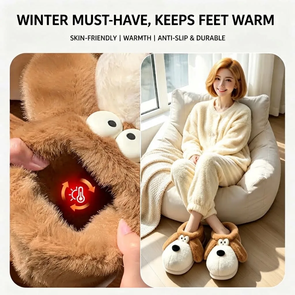Koreanischer Stil, niedliche Welpen-Hausschuhe aus Plüsch, Damen, Winter, warm, mit weicher Sohle, für drinnen, flauschig, rutschfest, Hausschuhe. – Detail 28