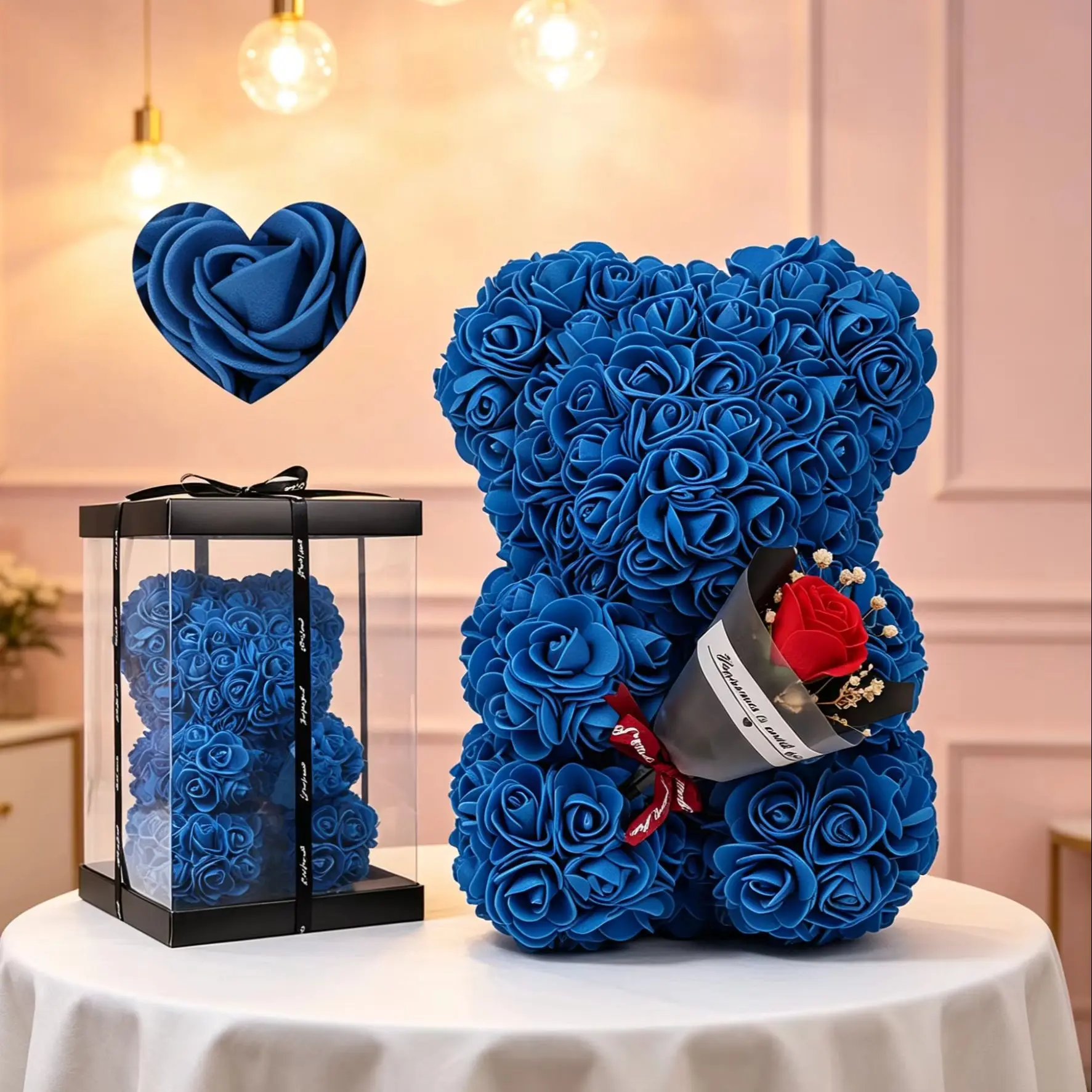 Romantischer Blauer Rosen-Teddybär Künstliche Blumen Geschenk für Valentinstag Jahrestag Geburtstag Hochzeit Heiratsantrag Romantisches Souvenir