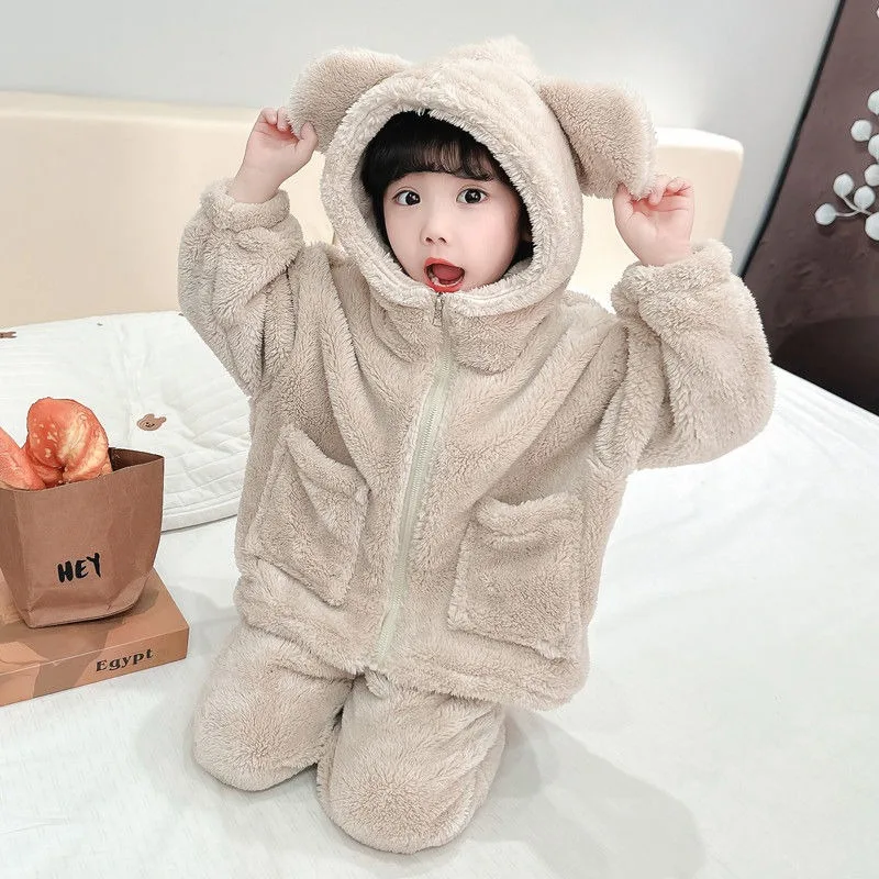 Girls' Winter Sleepwear Set Flannel Corduroy Hooded Pajamas with Fleece Lining Warm Kids' Loungewear for Cold Weather