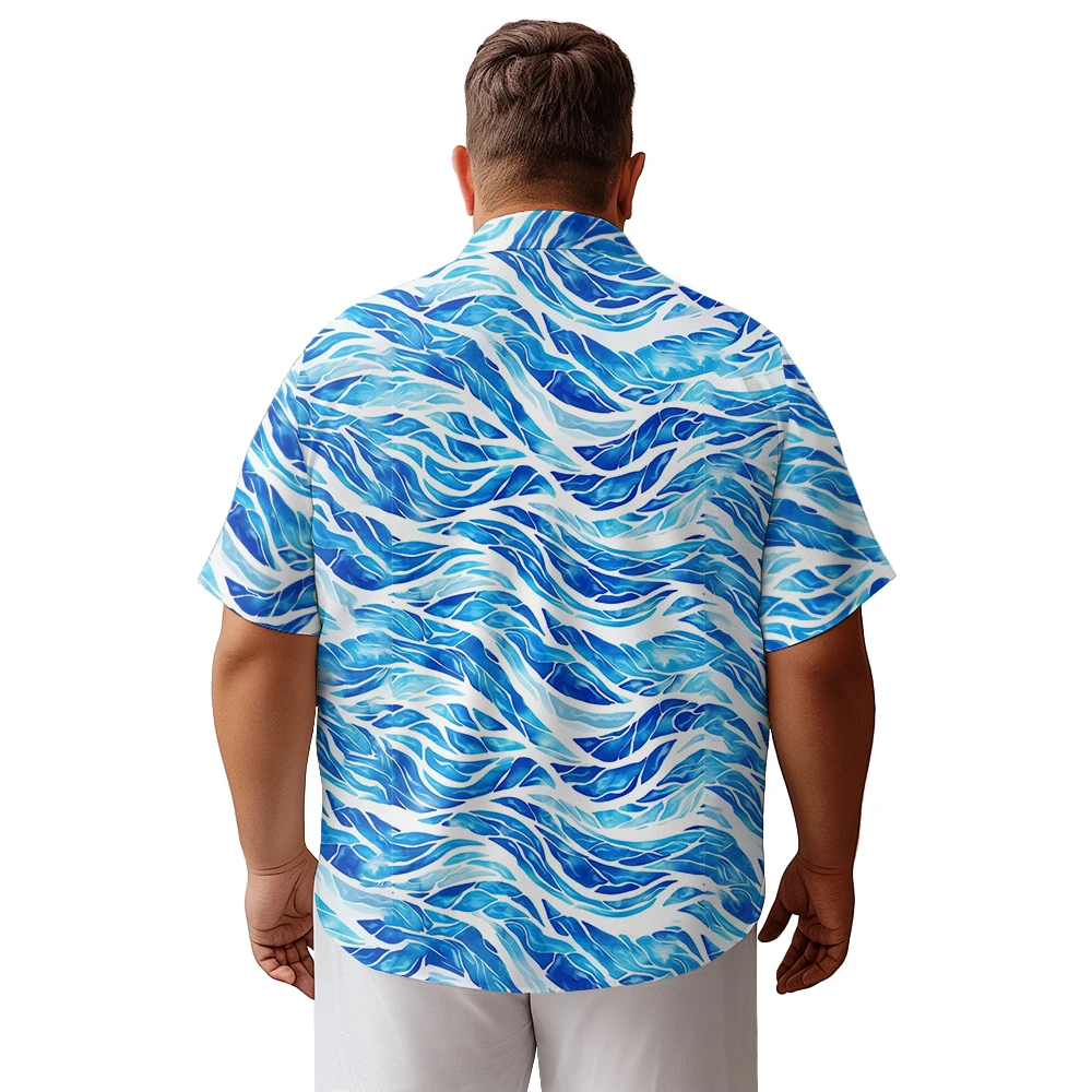 2024 new  Men's shirts plus size Summer ice blue waves ripple vertical stripes printed clothing casual short-sleeved