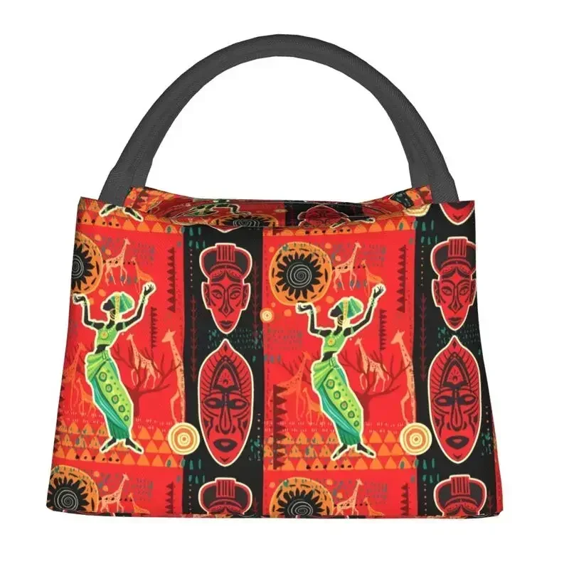 African Ethnic Motifs Insulated Lunch Bags Women Africa Art Culture Resuable Lunch Tote for Work Travel Storage Meal Food Box