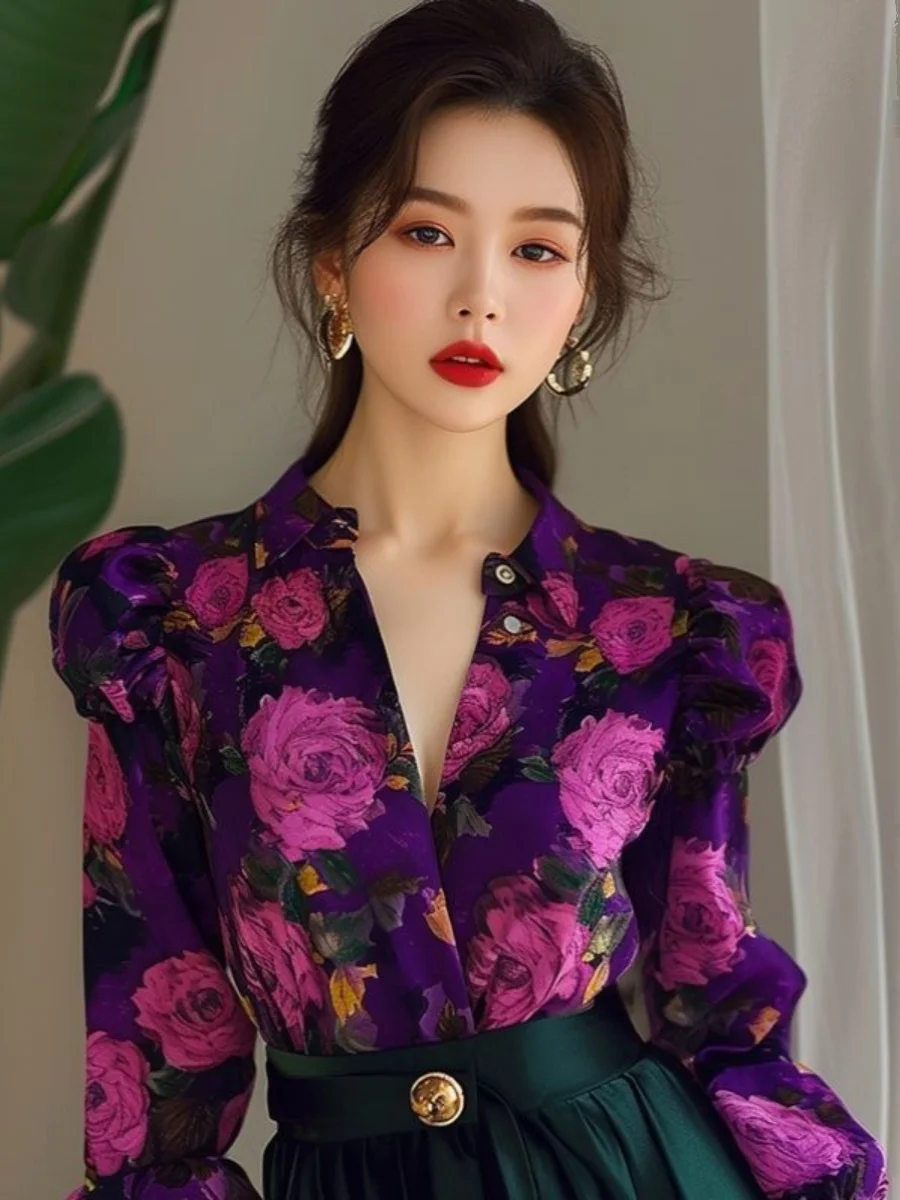 

Elegant Vintage Hong Kong Style Purple Floral Shirt Women's High-End Luxury Beautiful New Long Sleeve Blouse Casual Loose Fit