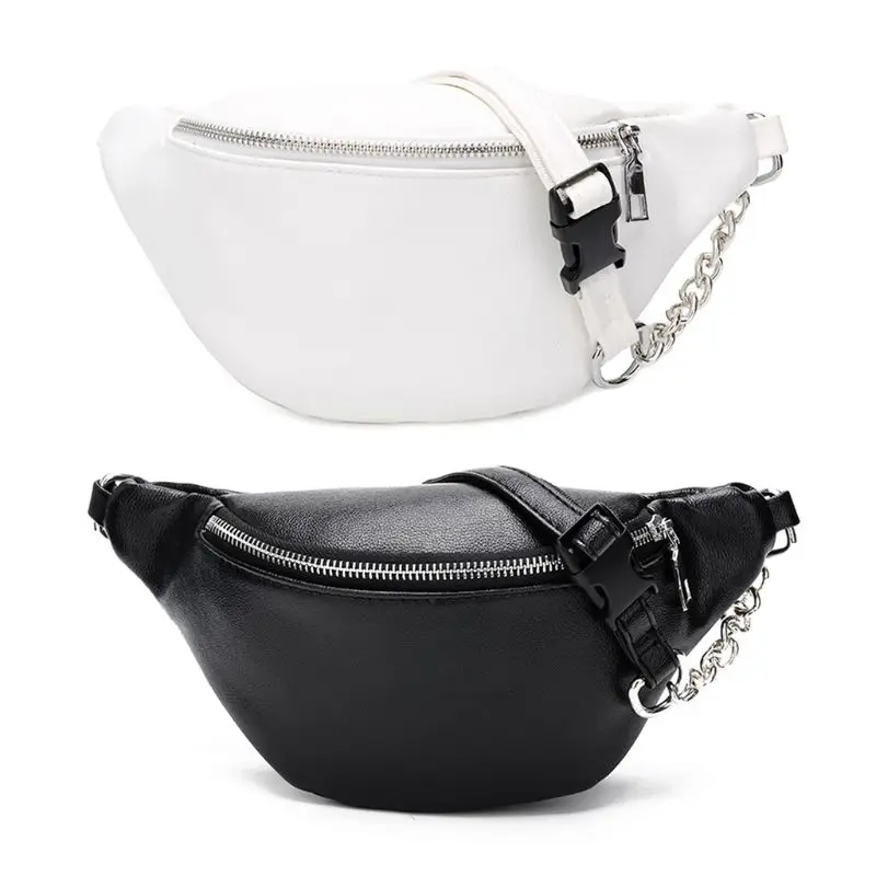 E74B Fashion Leather Waist Fanny Pack Chest Bag Phone Purse with Metal Chain for Wome