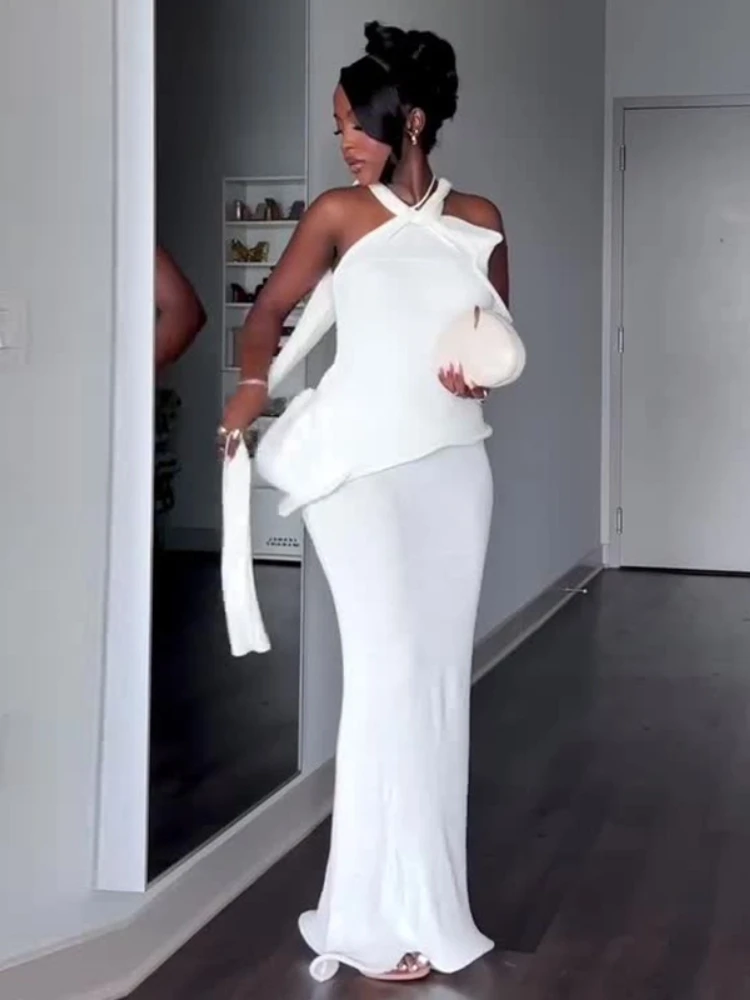 Sexy rückenfreies Neckholder-Maxikleid für Damen – schickes, ärmelloses, schulterfreies Kleid mit Rüschen, hoher Taille und schmaler Passform – elegante Abendgarderobe für Damen – Neu 2026