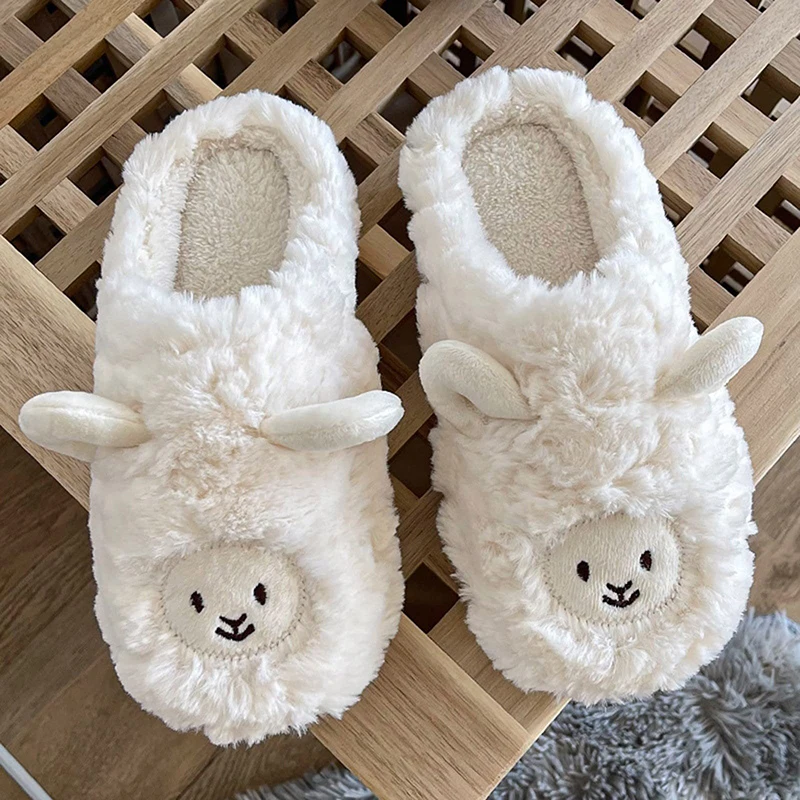 Cute Sheep Plush Fur Slippers for Women Indoor Home Shoes Fall Winter Warm Cartoon Animal Slippers Non-slip Comfy Male Shoes