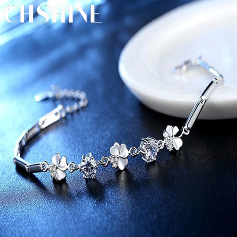 

925 sterling Silver Zircon Lucky Clover Bracelets crystals chain For Women Valentines Gift Wedding cute Jewelry