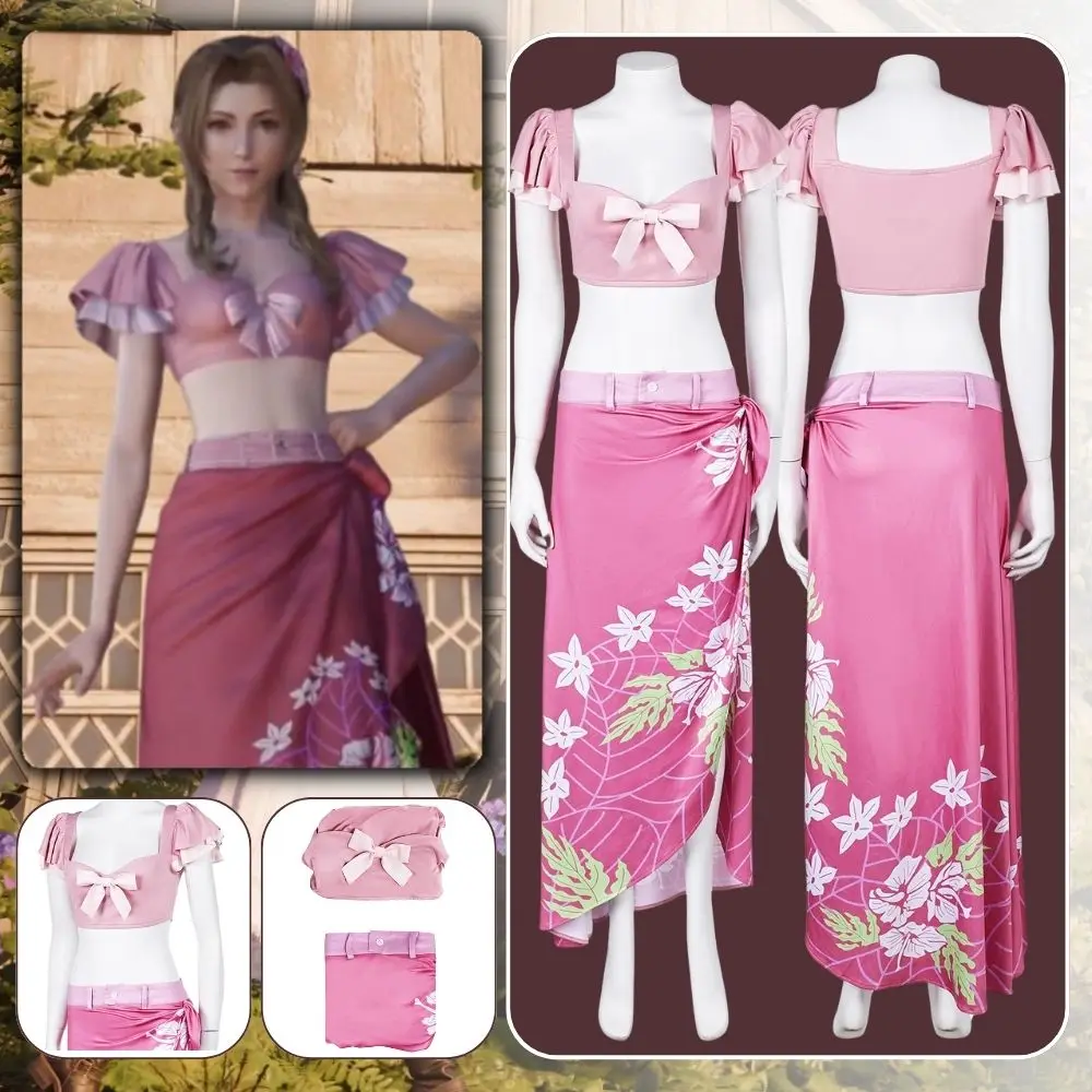 Traje de baño de Final Fantasy 7 Aerith para adultos y niñas, conjunto de Bikini, traje de baño de dos piezas, disfraz de Halloween