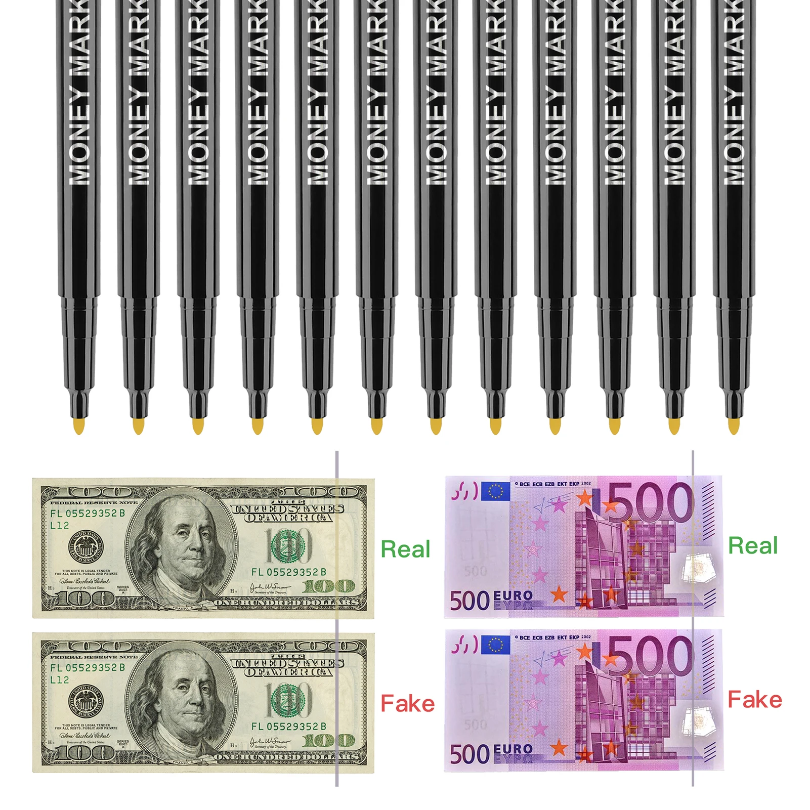 12pcs Counterfeit Pen Fake Money Detector Markers for EURO USD RMB and Other Countries Bills Cash Check-Gold for Real