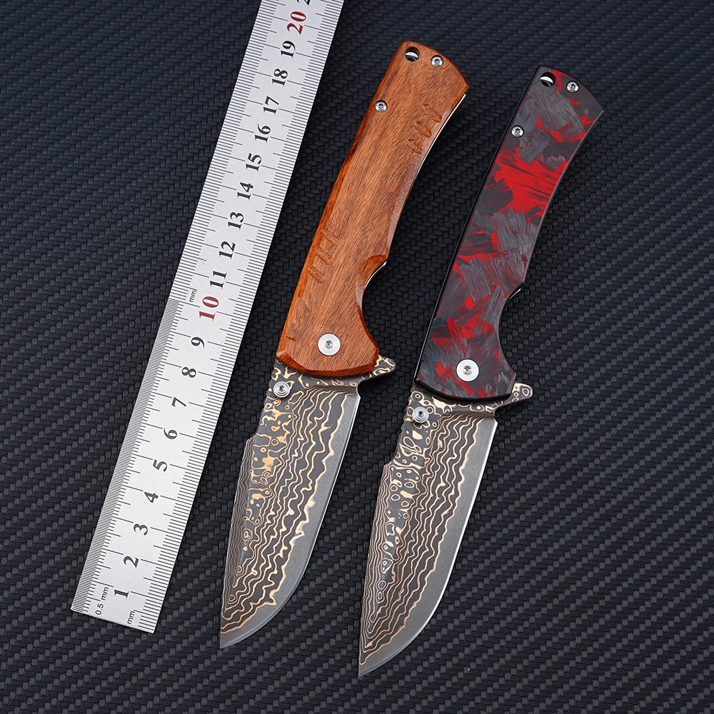 Yellow Copper Damascus Knife VG10 Steel Blade Carbon Fiber Handle Knives EDC Outdoor Camping Hunting Pocket Folding Knives
