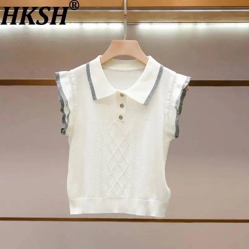 HKSH Women Vest High-End Korean College Style Contrast Color Buttons Turn-down Collar Flying Sleeve Chic Ins Knitted Top HK26488