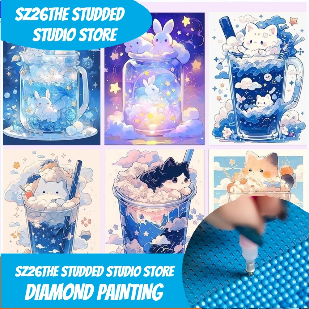 Sz26The-pintura artística de diamante 5D con tachuelas, postre de dibujos animados, taza bonita, mosaico de gato, bordado, Kit de punto de cruz, regalo de decoración del hogar