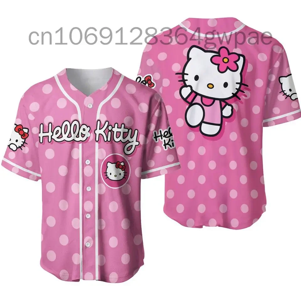 Cartoon Hello Kitty Baseball Jersey Men's Women's Short-Sleeved Sports Cardigan Quick-Drying Baseball Uniform Hawaiian Shirt