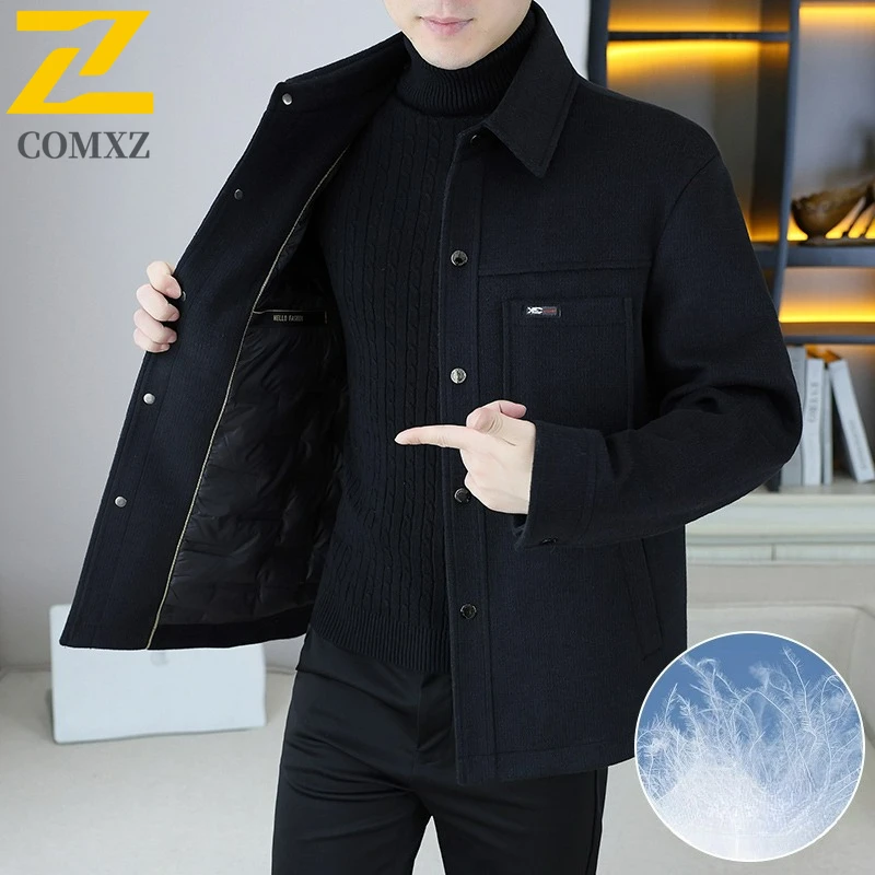 COMXZ Luxury Mens Down Jacket Lightweight Notch Collar Commute Office Puffer Jackets Leisure Business Warm Winter Woolen Coat