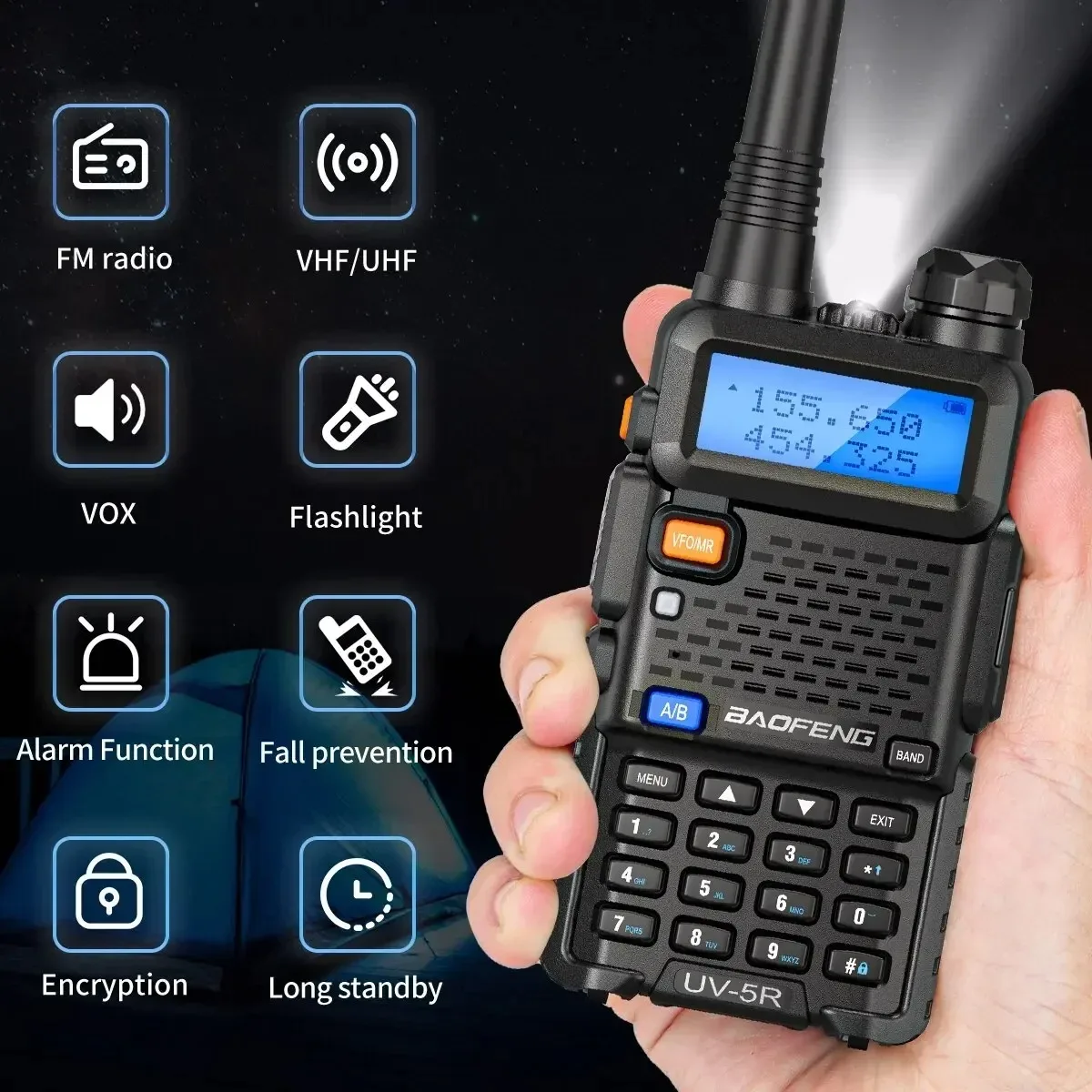 วิทยุสื่อสารแบบมือถือ BaoFeng UV-5R แบบสองย่านความถี่ พร้อมแบตเตอรี่สำรอง 1800mAh ชุดอุปกรณ์ครบครัน