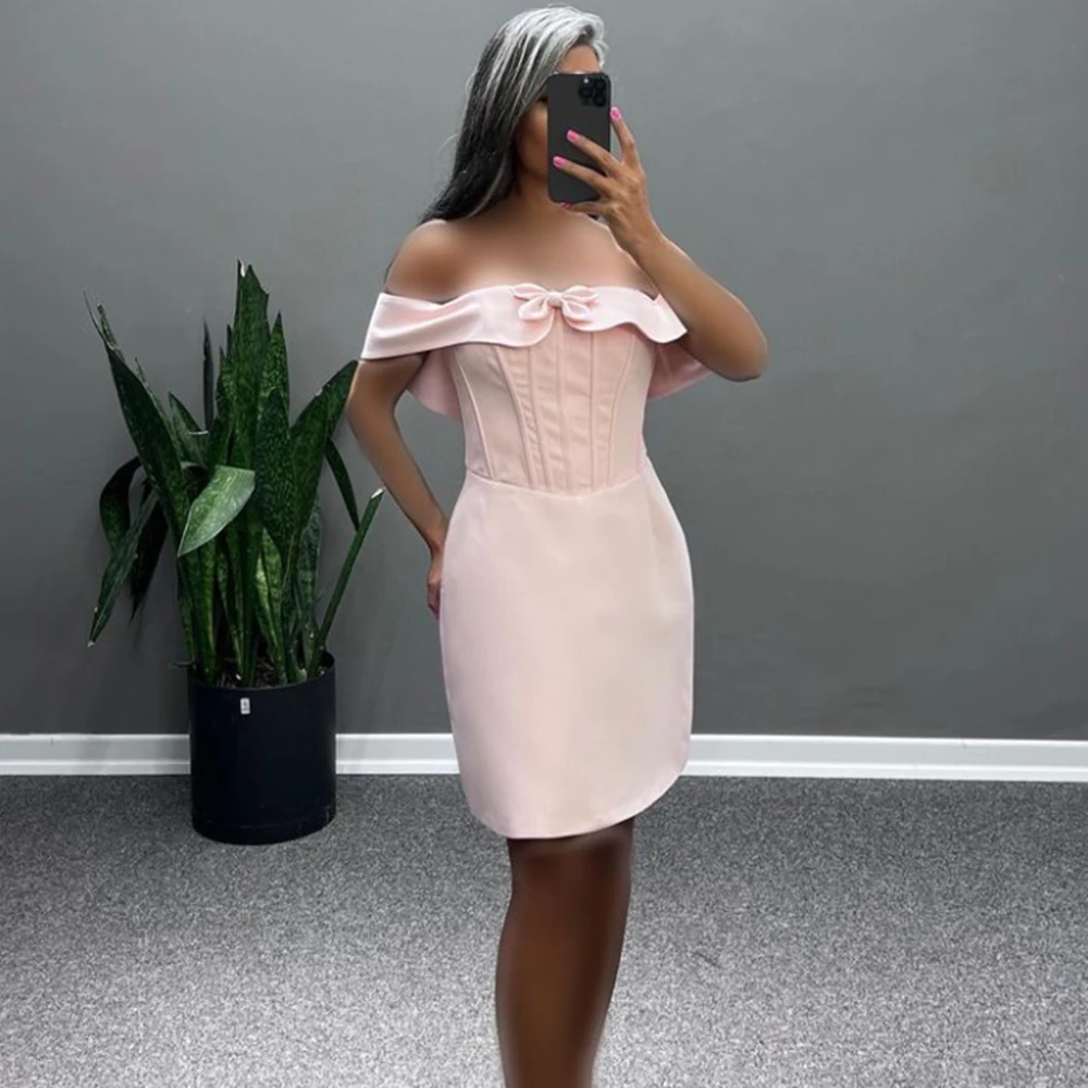 

Customized Jiayigong Simple Pink Jersey Strapless Prom Gowns Off the Shoulder Backless Lace-UP With Bow Elegant short Evening Pa