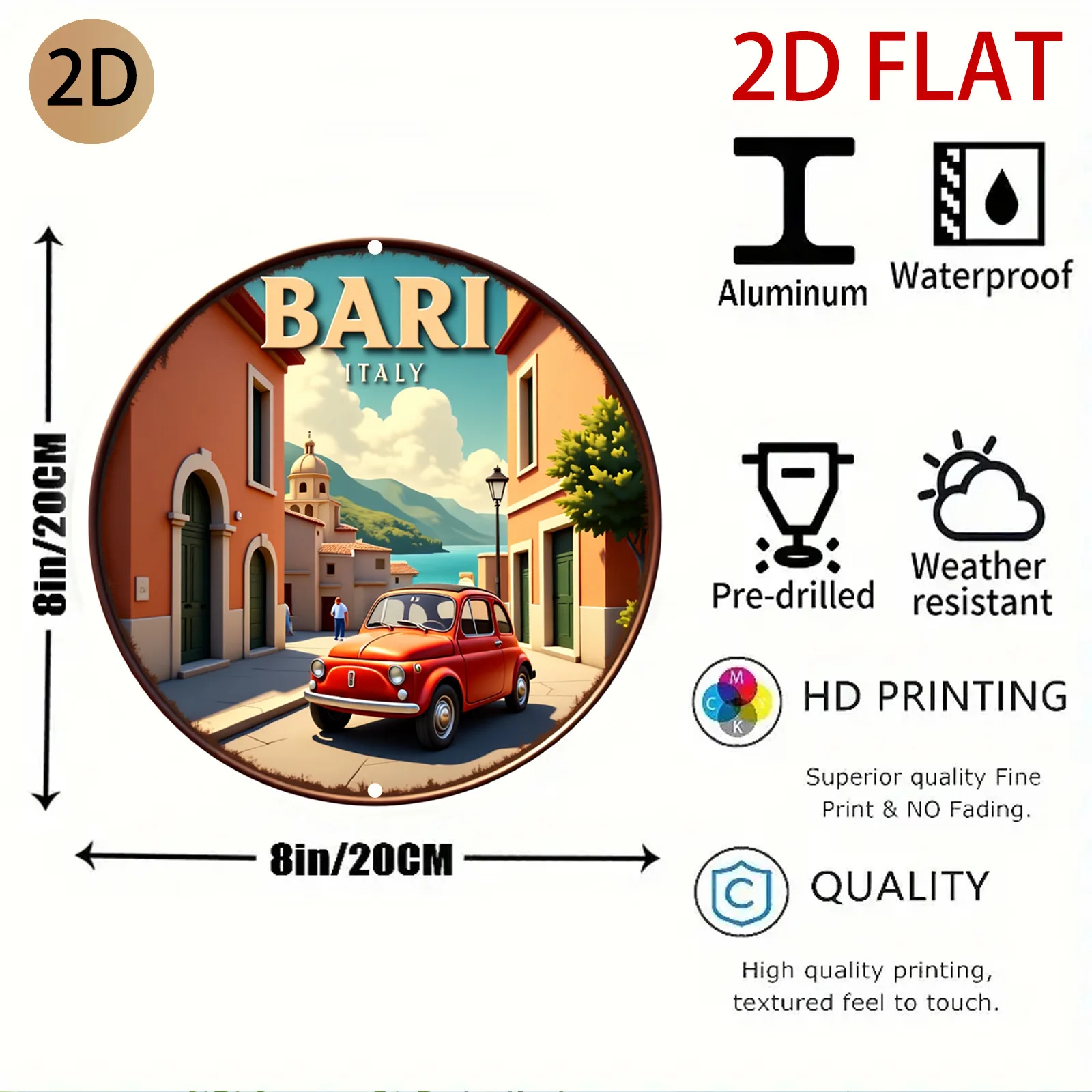 2D Flat, 2d Flat Bari Italy Vintage Car Wall Art Retro Design Scenic Street View Decoration for Home Garage Dining Area or Cafe,