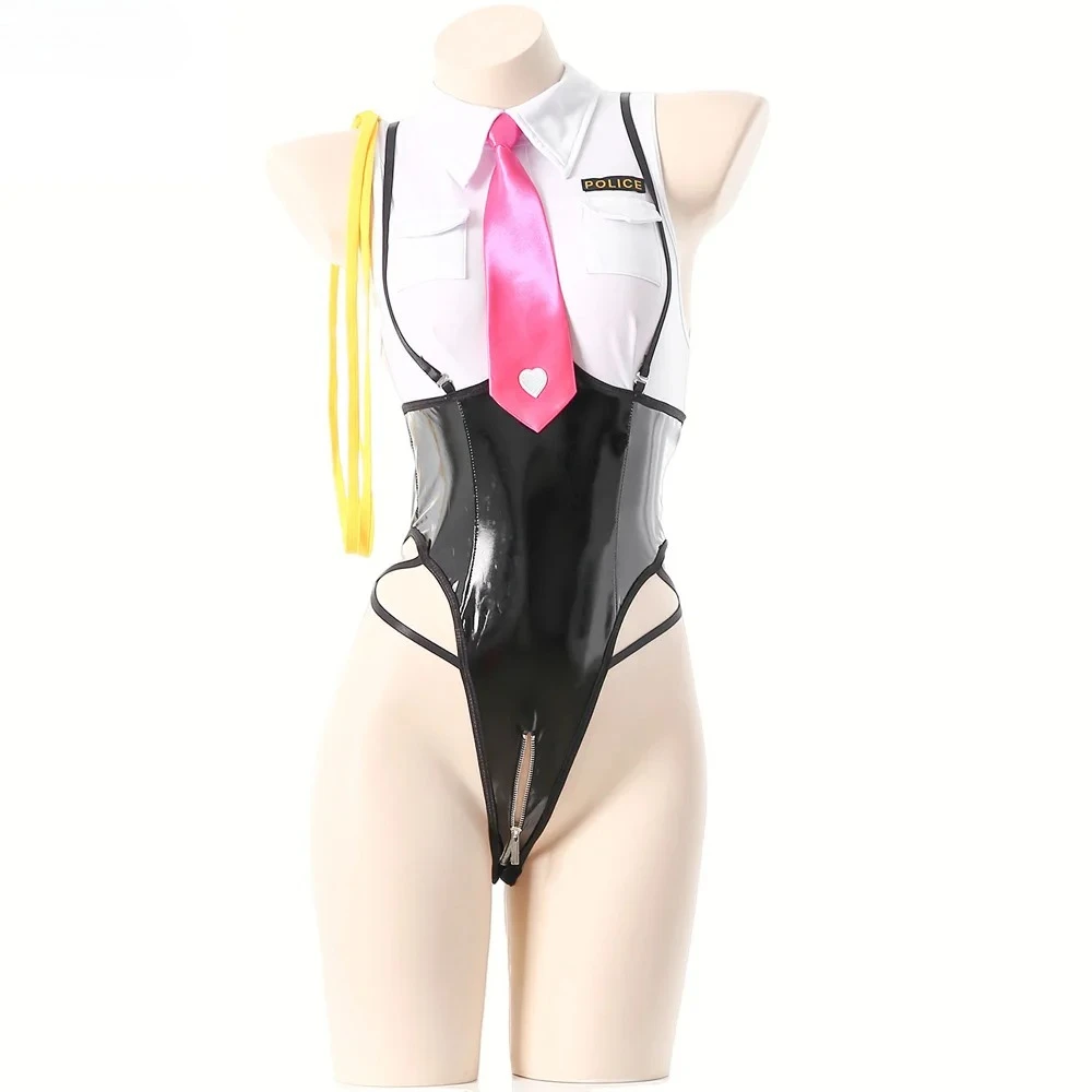Chica de Anime, uniforme de oficina de policía, traje de mujer, disfraz de Cosplay de cuero Pu, entrepierna abierta, ropa interior transparente para juegos de rol
