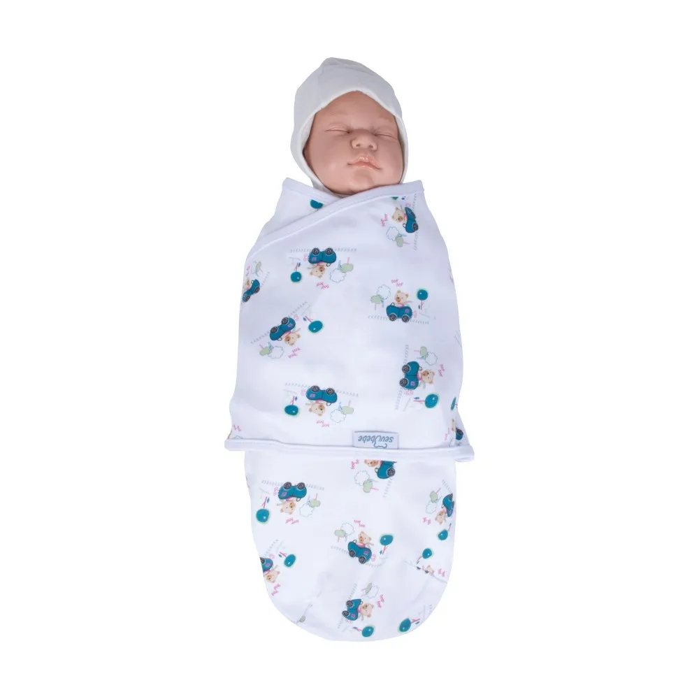 Blue Color Car User Bear Patterned İnterlok Bebe Swaddle