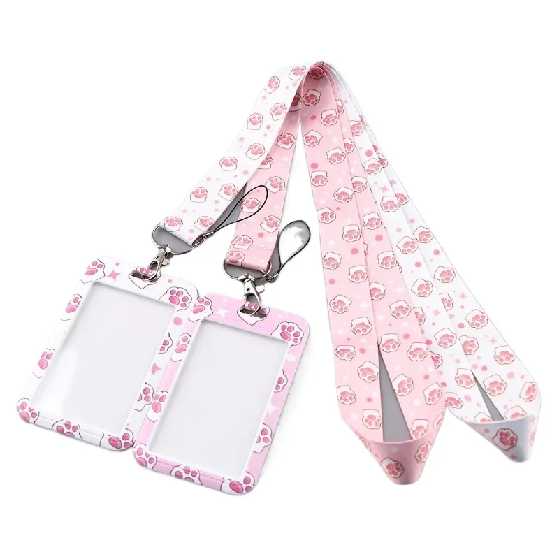 Cute Cat Paw Pass ID Card Holder Lanyard Set for Staff Girls Nylon Neck Strap Working Permit Case Exhibition Name ID Card Sleeve
