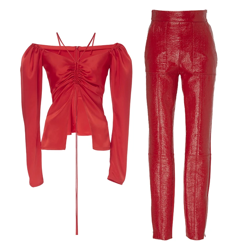 Kylie jennertemperament, vermelho um ombro, calças de couro magro feminino superior com cordão, fecho de correr decorativo, terno de duas peças