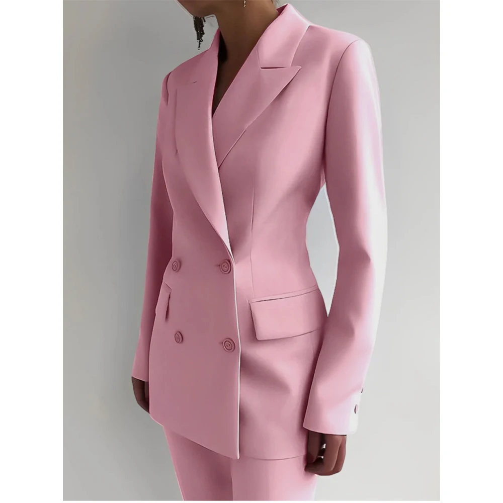 Custom Women Pants Sets With Jacket 2 Piece Double Breasted Peak Lapel Slim Fit Blazer Elegant Female Office Full Sets Blazer