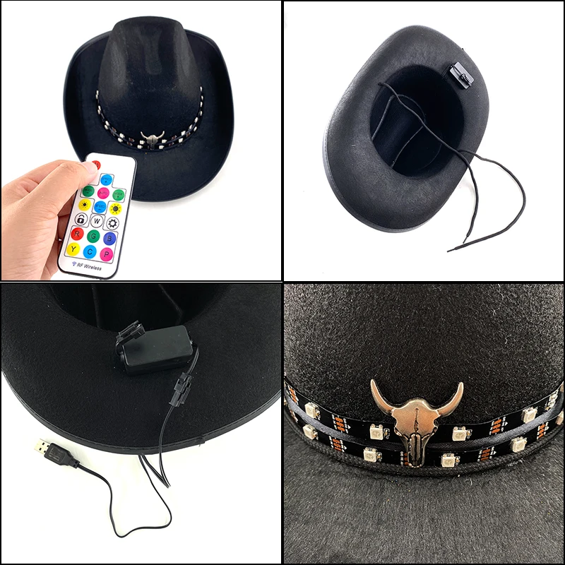 Multiple lighting control modes glowing Cowboy Hat Men and Woman's Western Cowboy LED light up hat with Metal Bull Head