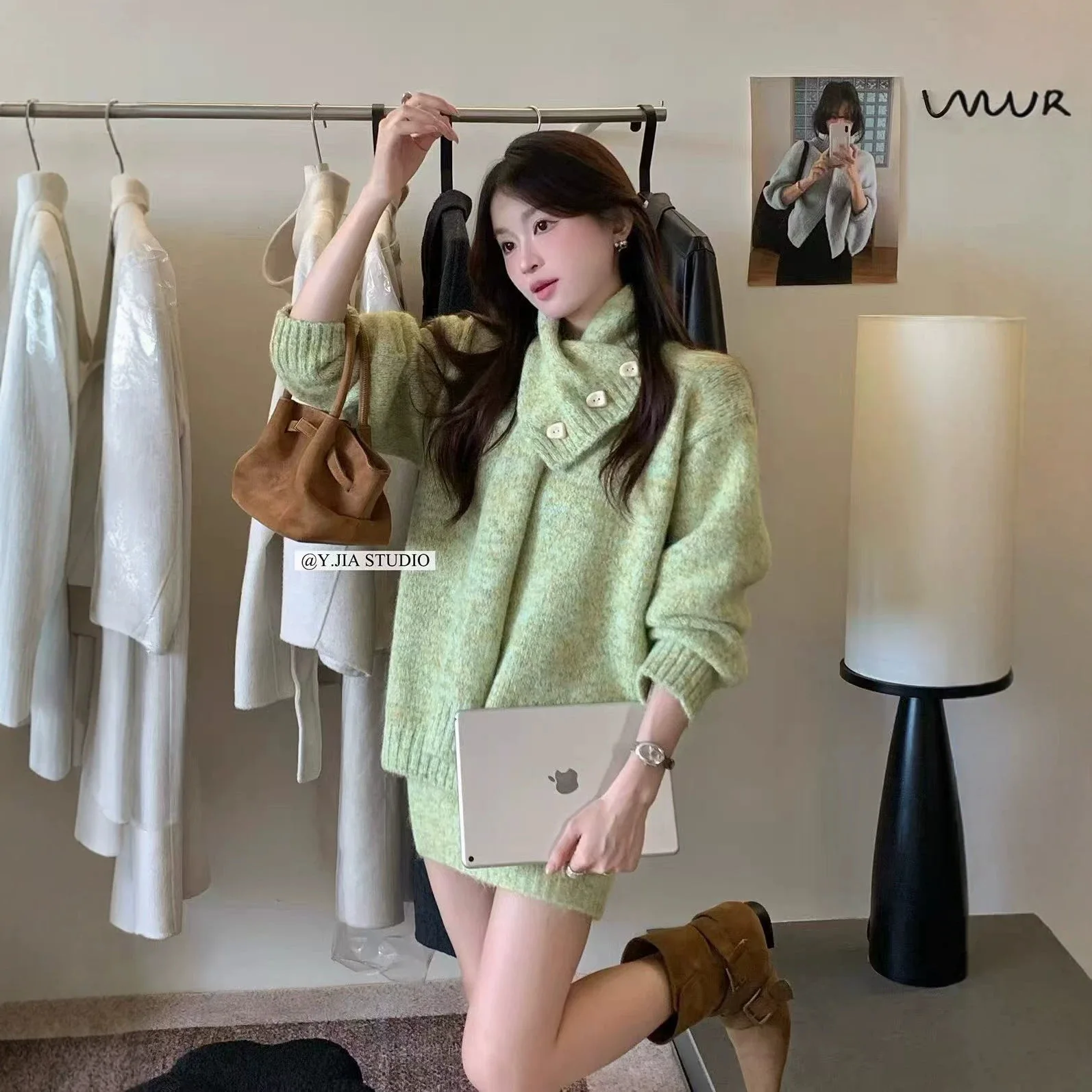 UMI MAO Korean-style Multicolored Blue Knitted Sweater Women Autumn Winter With A Neck Warmer High Collar Loose Fit Soft