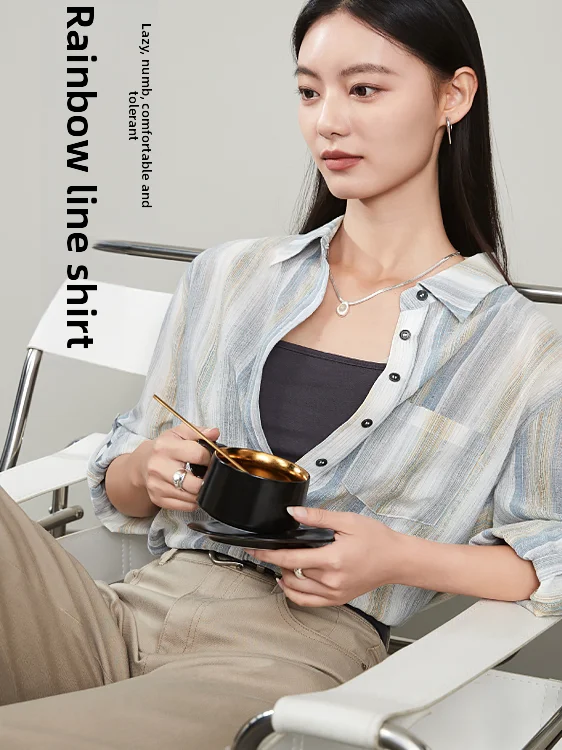 

Женская свободная рубашка-сорочка Rainbow Tead, повседневная, для работы, в полоску, из смесового хлопка и льна, на пуговицах