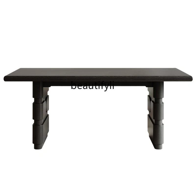 

French retro solid wood dining table small apartment household simple rectangular black dining table