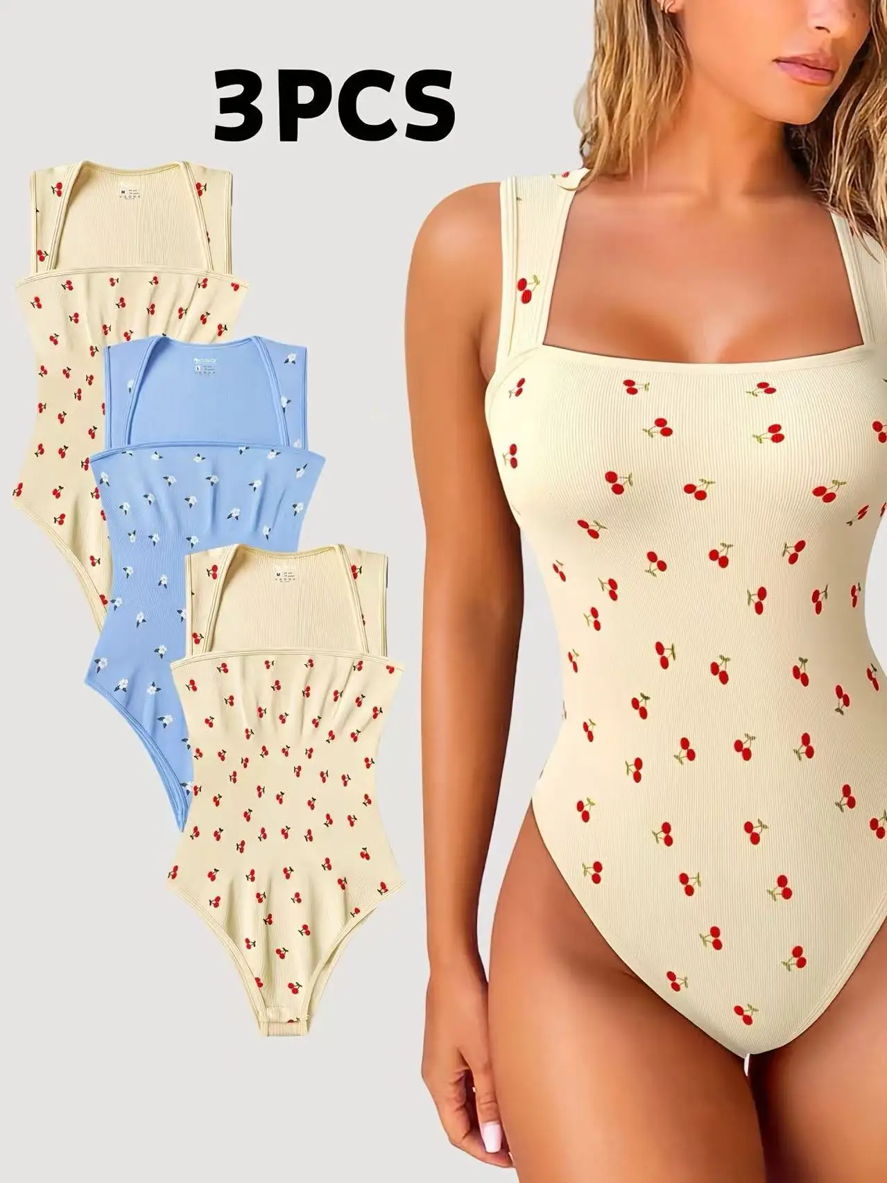 3 عبوات من ملابس الصيف النسائية الجديدة بدلة قفز مطبوعة بالكرز الأزرق للنساء أنيقة عتيقة #1