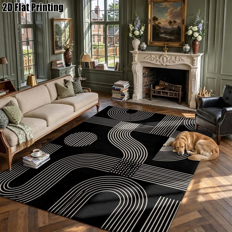 Large Indoor Area Rug, Soft Velvet Low Pile Modern Geometric Line Pattern, Machine Washable for Living Room, Bedroom, Entryway, Contemporary Abstract Accent Rug for Home Decor