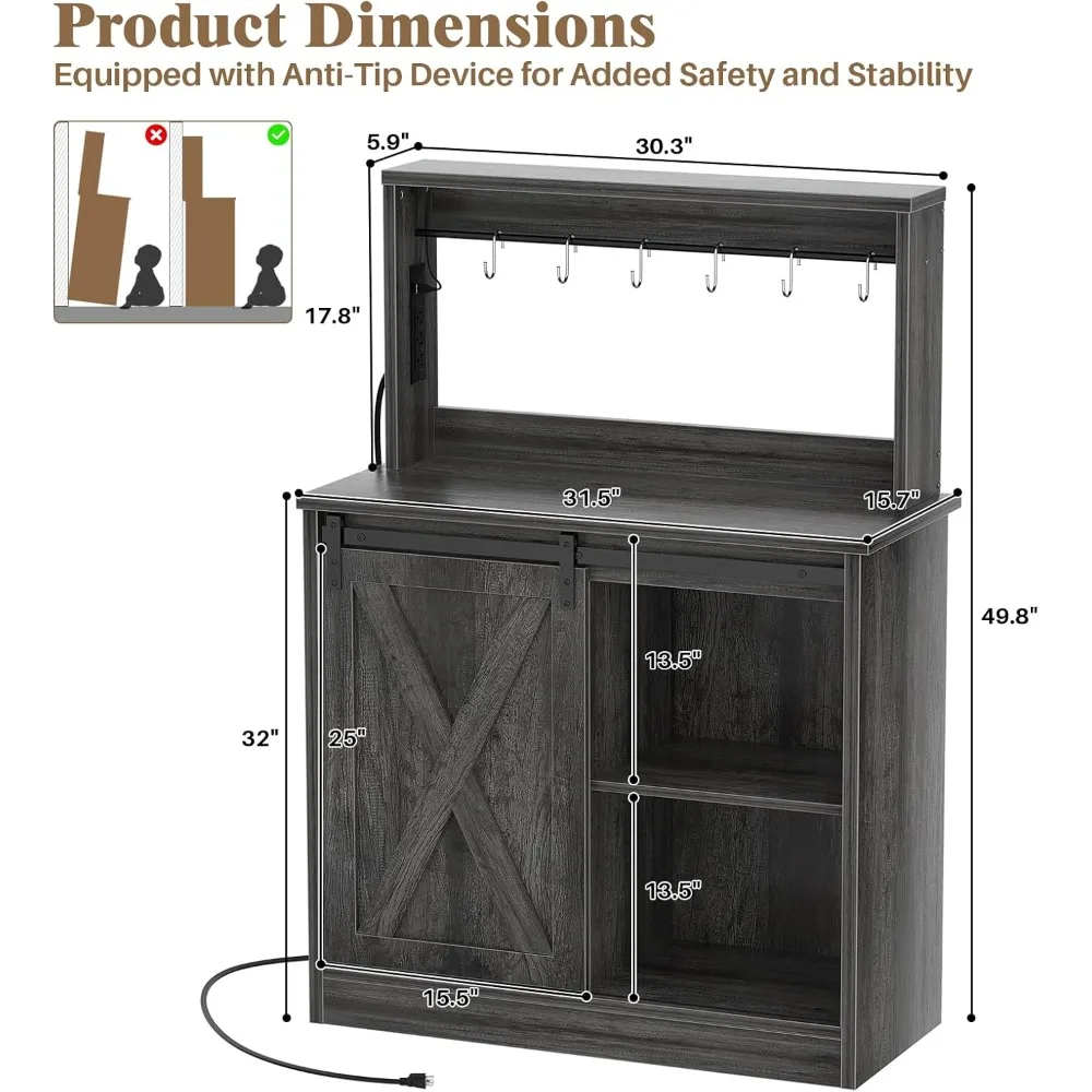 Farmhouse Style Coffee Bar Cabinet with Charging Station, LED Lighting, and Customizable Storage, Charming Buffet Hutch for Mode