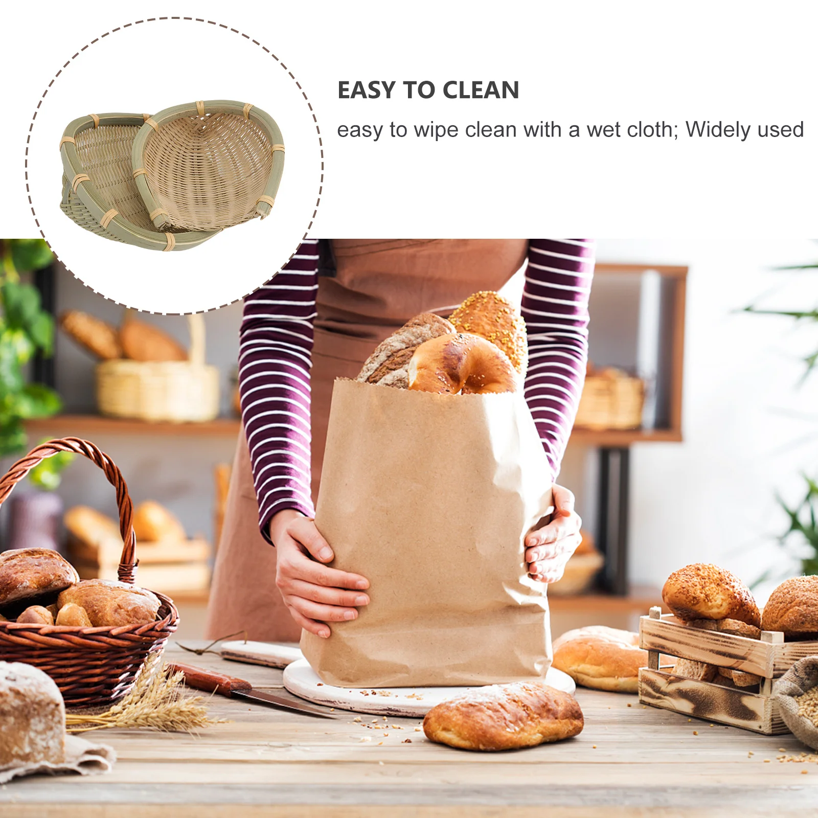 

2Pcs Bamboo Woven Basket Beautifully Crafted Eco-Safe Storage Bin for Home Use Vegetable Fruit Bread Display Decorative Piece