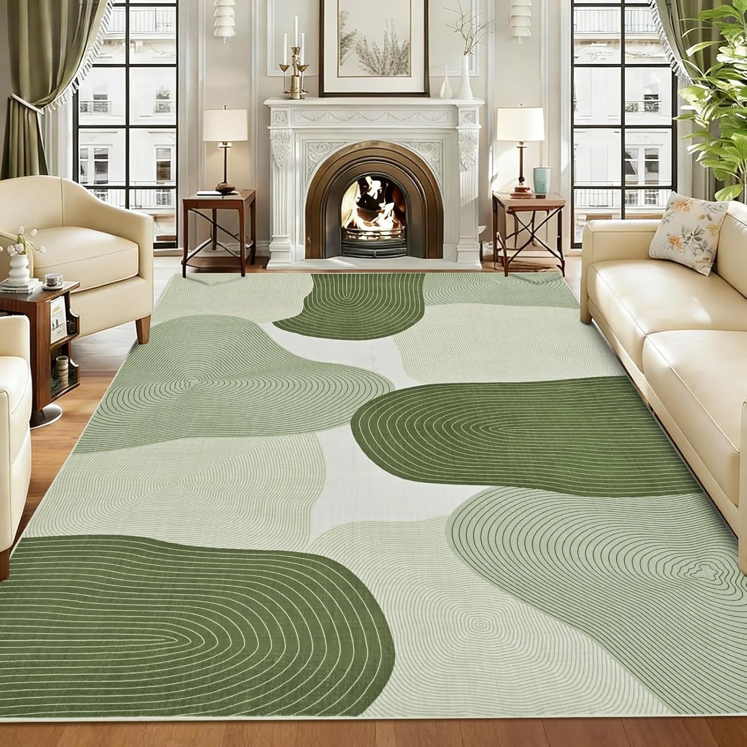 Modern Abstract Area Rug Non-Slip Sage Green Wavy Line Pebble  Floor Mat Washable, Artistic Decorative Rug for Living Room