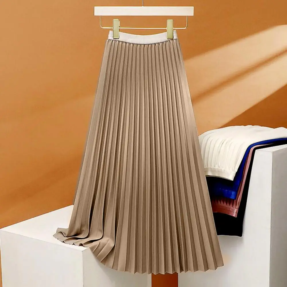 

Women Skirt Elastic High Waist Pleated Skirt Solid Color Smooth Satin Long Skirts A-Line Skirt Work Leisure Wear faldas