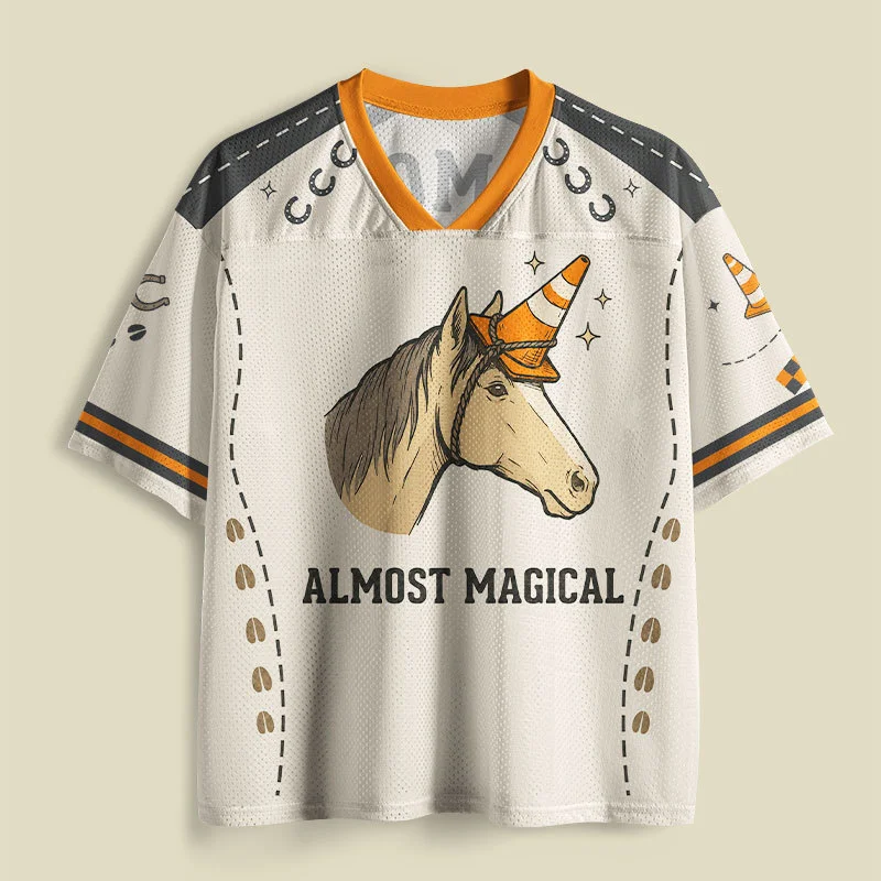 Almost Magical Unicorn Horse Print V-neck Mesh Jersey, Cartoon Animal Graphic Short Sleeve Shirt, Casual Street Sports Tee