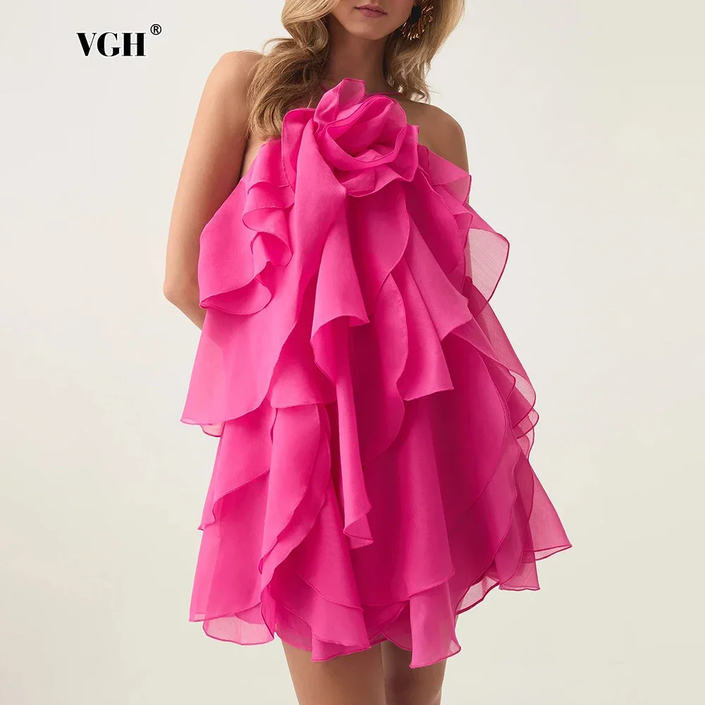 VGH Holiday Casual Style Hater Solid Mini Dresses for Women Strapless Off Shouler Patchwork Ruffles Design Dress Female Clothing