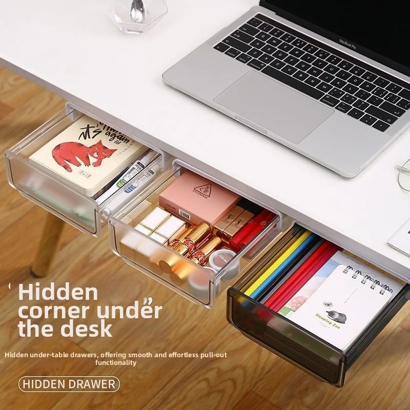 Hidden Under Desk Drawer Storage Office Organizer Desk Self Adhesive Drawers Plastic Undertable Accessories Storage Box Drawe