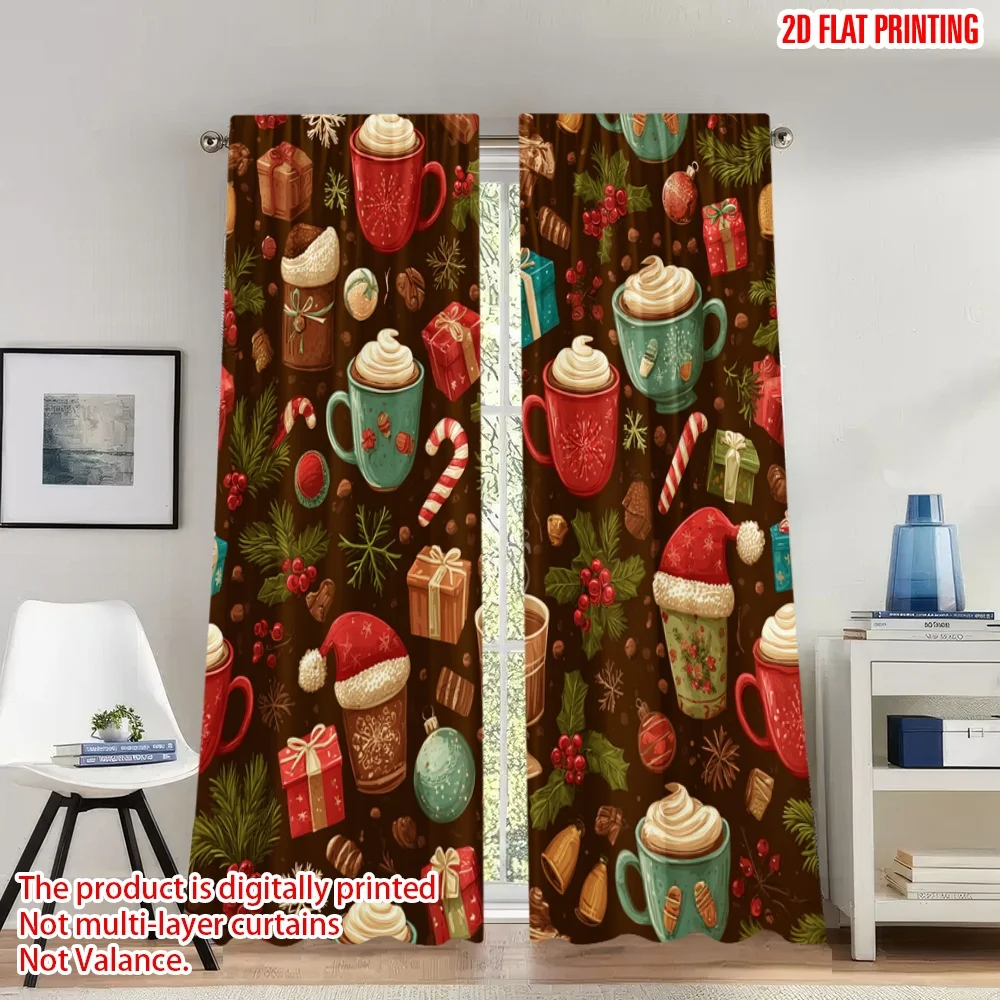 

2pcs 2D flat printing Happy Christmas Scene Curtains Christmas Hot Cocoa Gifts Snowflakes Digital Printed Polyester Drapes