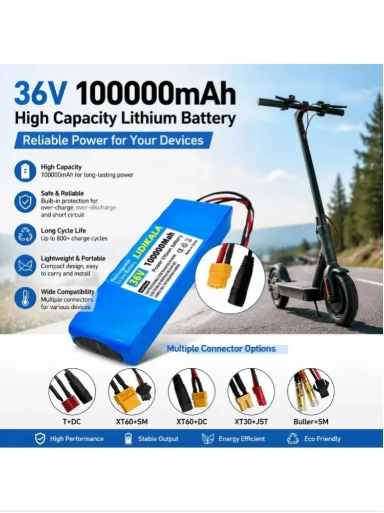 36V 100000mAh Wiederaufladbarer Lithium-Akku für Elektroroller und E-Bikes mit BMS, mehreren Anschlüssen XT60, XT30, T+DC