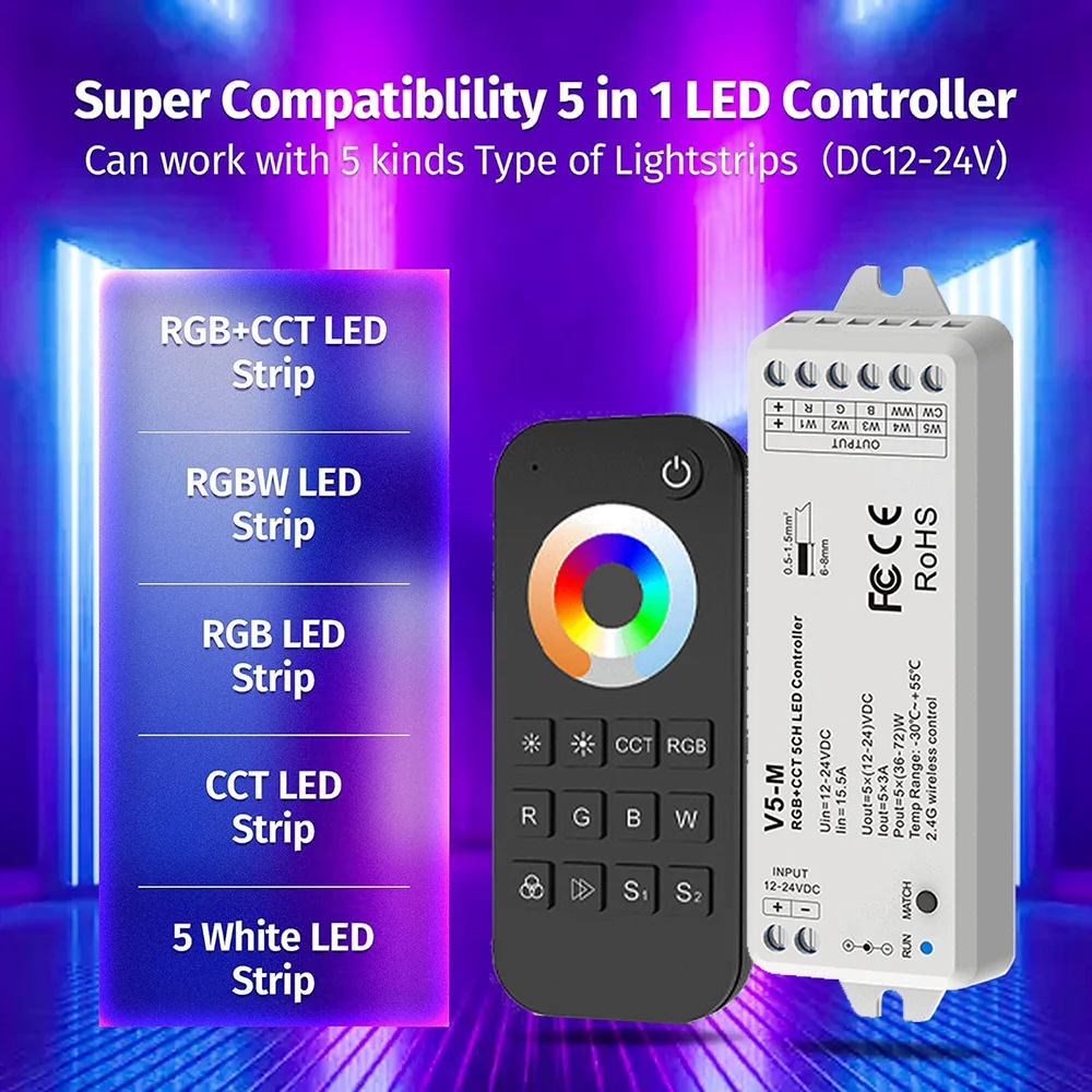 2.4GRF 5 Channel RGBCCT LED Controller 12V 24V RGBCCT LED Strip Light Dimmer with Glass Wall Mounted Touch Panel Remote Control