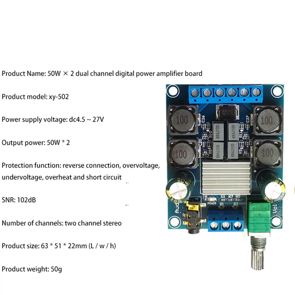 A85P TPA3116D2 50Wx2 Dual Channel Digital Power Amplifier Board 2 CH Stereo High Efficiency Reverse Protection XY-502