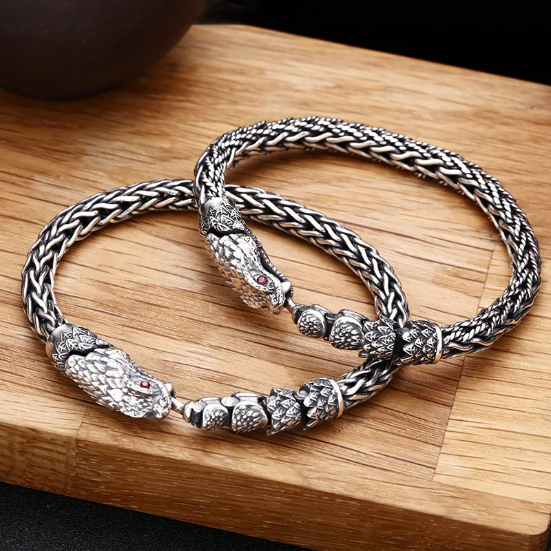 

925 sterling silver braided rope Python men and women thick type personality Thai silver retro distressed trendy jewelry